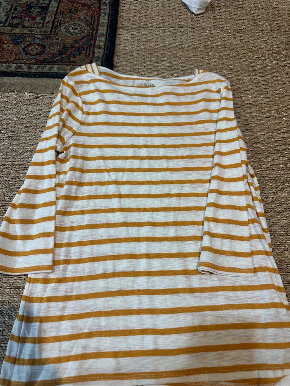 Time and Tru White and Mustard Yellow Striped Long Sleeve Tee
